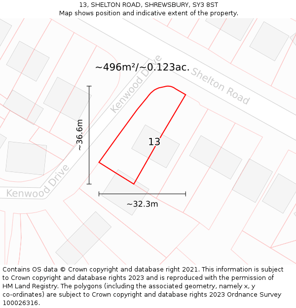 13, SHELTON ROAD, SHREWSBURY, SY3 8ST: Plot and title map