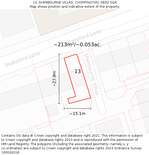 13, SHERBOURNE VILLAS, CHOPPINGTON, NE62 5QA: Plot and title map