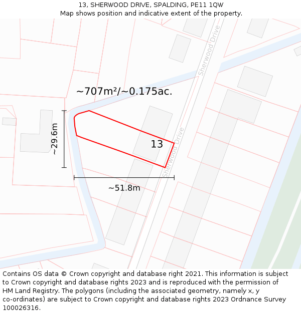 13, SHERWOOD DRIVE, SPALDING, PE11 1QW: Plot and title map