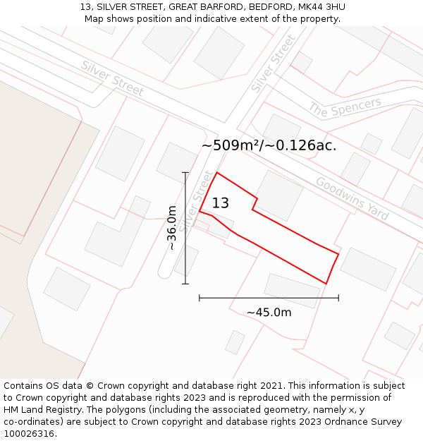 13, SILVER STREET, GREAT BARFORD, BEDFORD, MK44 3HU: Plot and title map