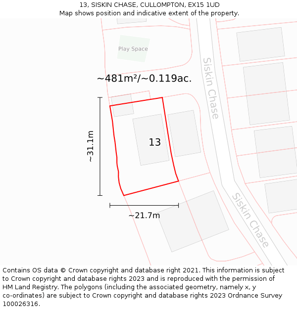 13, SISKIN CHASE, CULLOMPTON, EX15 1UD: Plot and title map