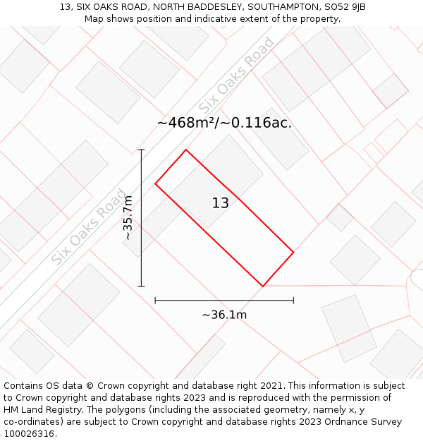 13, SIX OAKS ROAD, NORTH BADDESLEY, SOUTHAMPTON, SO52 9JB: Plot and title map
