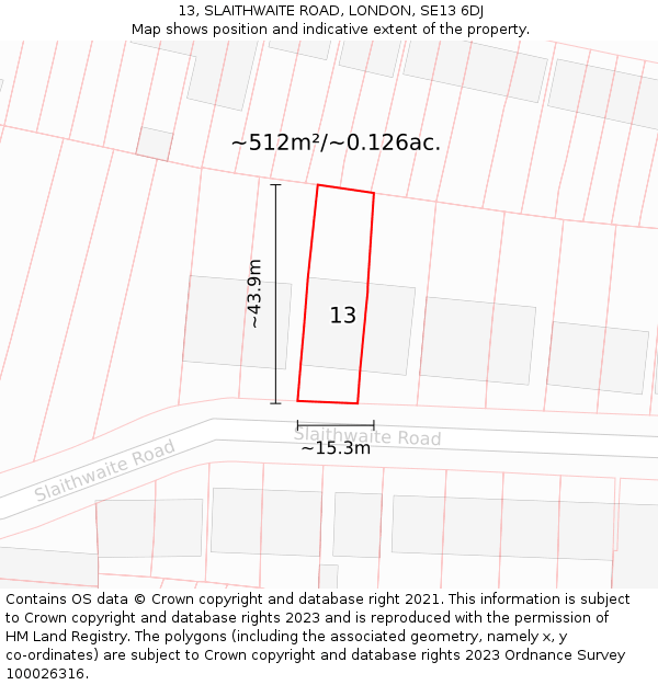 13, SLAITHWAITE ROAD, LONDON, SE13 6DJ: Plot and title map