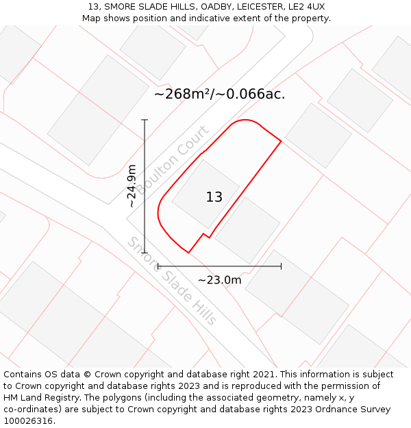 13, SMORE SLADE HILLS, OADBY, LEICESTER, LE2 4UX: Plot and title map