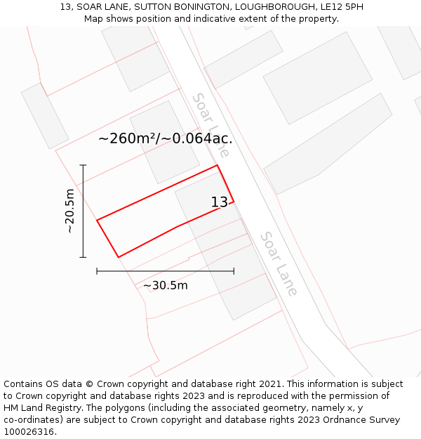 13, SOAR LANE, SUTTON BONINGTON, LOUGHBOROUGH, LE12 5PH: Plot and title map