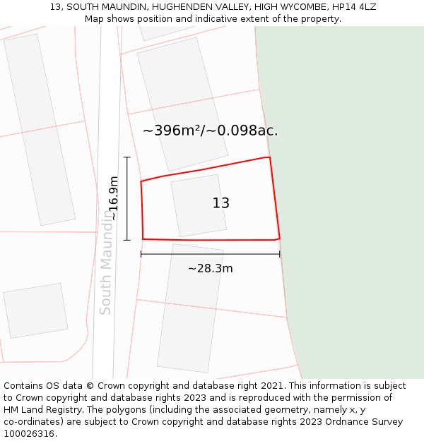 13, SOUTH MAUNDIN, HUGHENDEN VALLEY, HIGH WYCOMBE, HP14 4LZ: Plot and title map