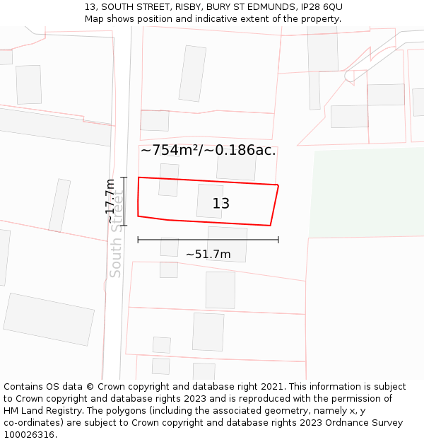 13, SOUTH STREET, RISBY, BURY ST EDMUNDS, IP28 6QU: Plot and title map