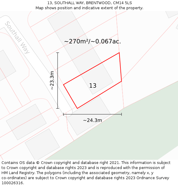 13, SOUTHALL WAY, BRENTWOOD, CM14 5LS: Plot and title map
