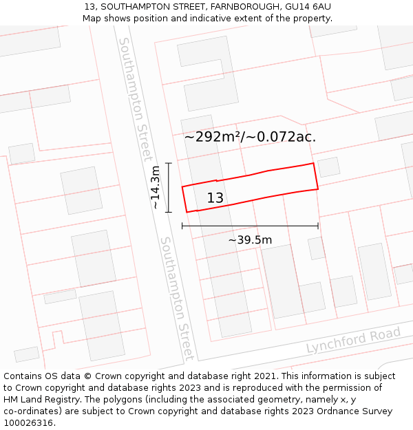 13, SOUTHAMPTON STREET, FARNBOROUGH, GU14 6AU: Plot and title map