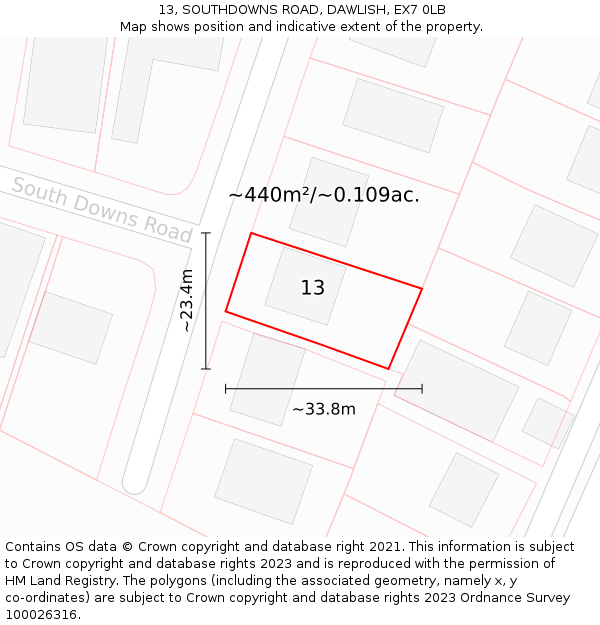 13, SOUTHDOWNS ROAD, DAWLISH, EX7 0LB: Plot and title map