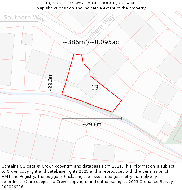 13, SOUTHERN WAY, FARNBOROUGH, GU14 0RE: Plot and title map