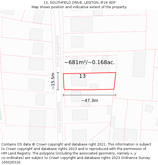 13, SOUTHFIELD DRIVE, LEISTON, IP16 4DP: Plot and title map