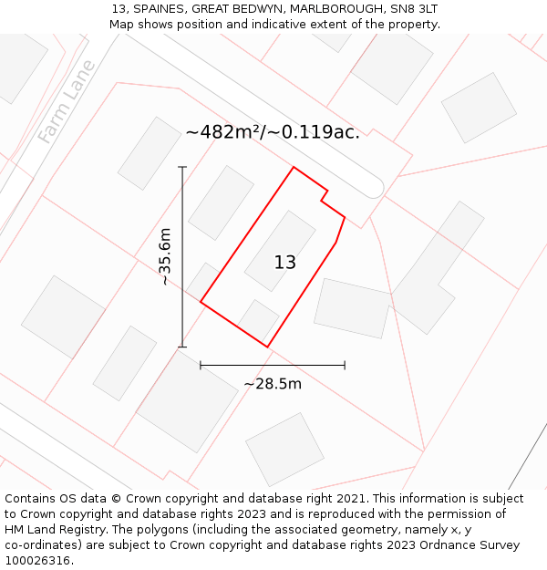 13, SPAINES, GREAT BEDWYN, MARLBOROUGH, SN8 3LT: Plot and title map