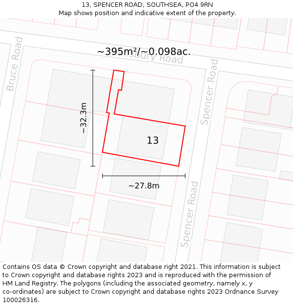 13, SPENCER ROAD, SOUTHSEA, PO4 9RN: Plot and title map