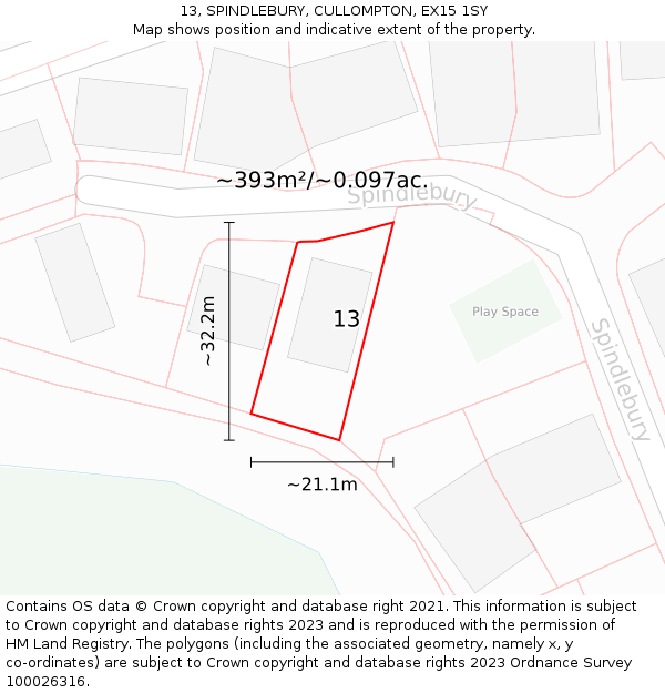 13, SPINDLEBURY, CULLOMPTON, EX15 1SY: Plot and title map