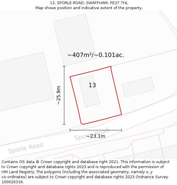 13, SPORLE ROAD, SWAFFHAM, PE37 7HL: Plot and title map