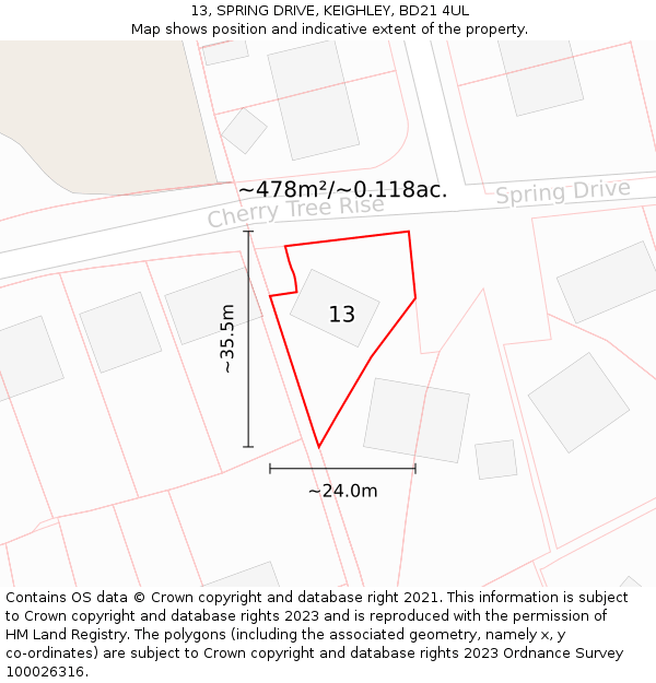 13, SPRING DRIVE, KEIGHLEY, BD21 4UL: Plot and title map