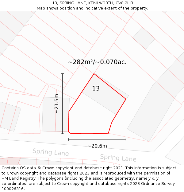 13, SPRING LANE, KENILWORTH, CV8 2HB: Plot and title map