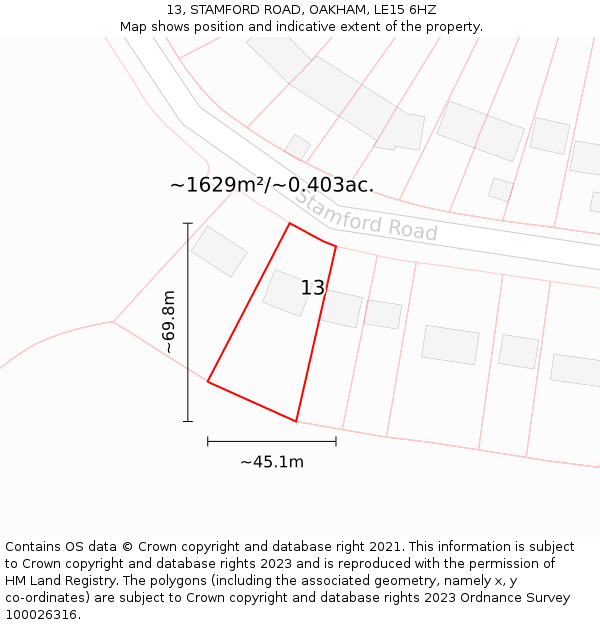 13, STAMFORD ROAD, OAKHAM, LE15 6HZ: Plot and title map