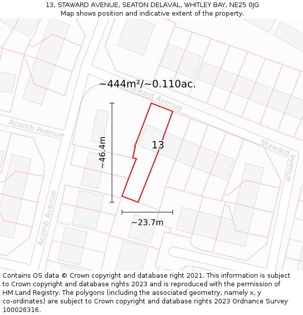 13, STAWARD AVENUE, SEATON DELAVAL, WHITLEY BAY, NE25 0JG: Plot and title map