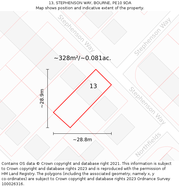 13, STEPHENSON WAY, BOURNE, PE10 9DA: Plot and title map