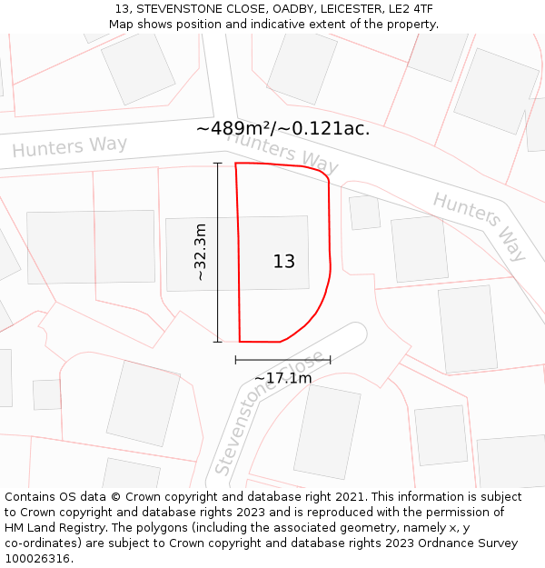 13, STEVENSTONE CLOSE, OADBY, LEICESTER, LE2 4TF: Plot and title map