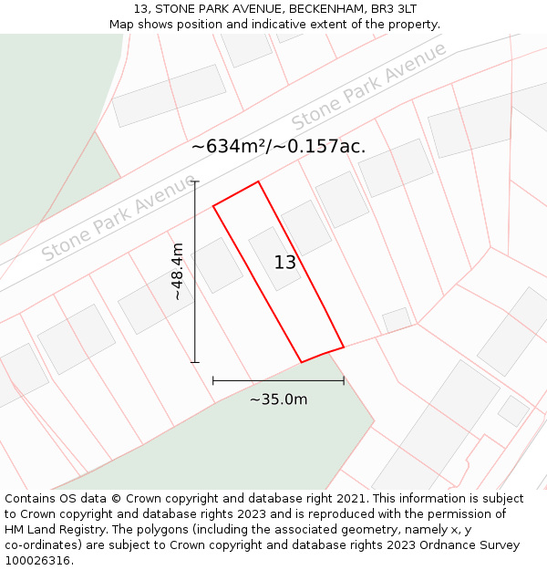13, STONE PARK AVENUE, BECKENHAM, BR3 3LT: Plot and title map