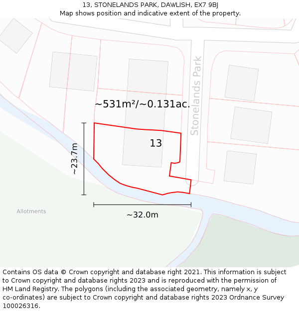 13, STONELANDS PARK, DAWLISH, EX7 9BJ: Plot and title map