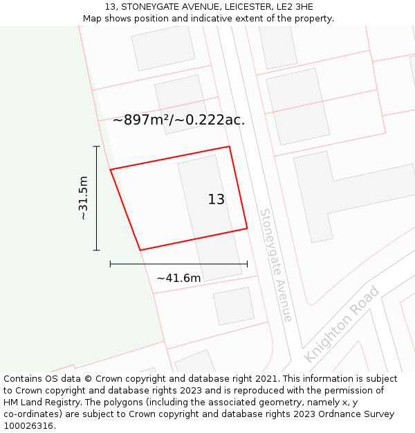 13, STONEYGATE AVENUE, LEICESTER, LE2 3HE: Plot and title map