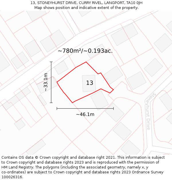 13, STONEYHURST DRIVE, CURRY RIVEL, LANGPORT, TA10 0JH: Plot and title map