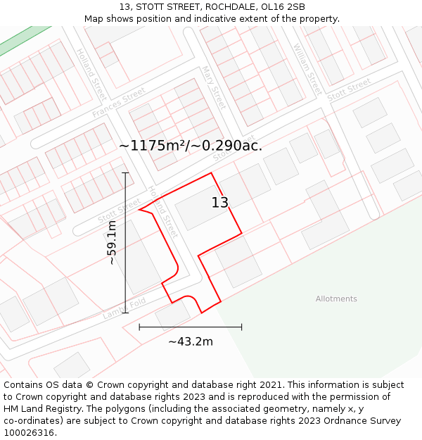 13, STOTT STREET, ROCHDALE, OL16 2SB: Plot and title map