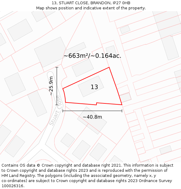 13, STUART CLOSE, BRANDON, IP27 0HB: Plot and title map
