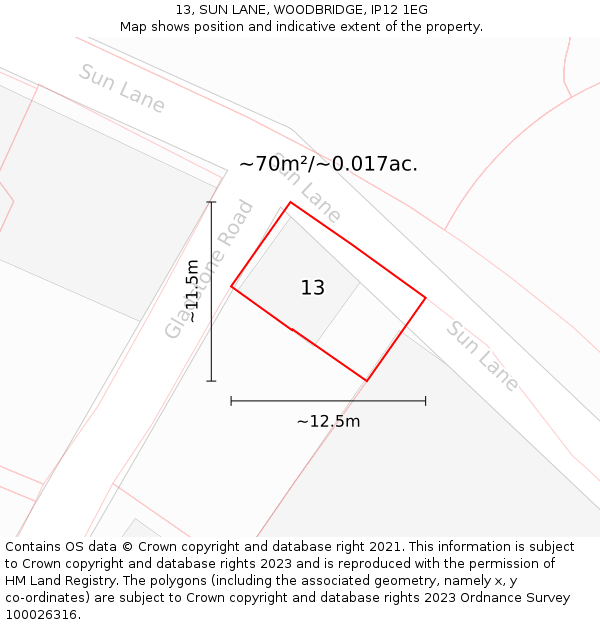 13, SUN LANE, WOODBRIDGE, IP12 1EG: Plot and title map