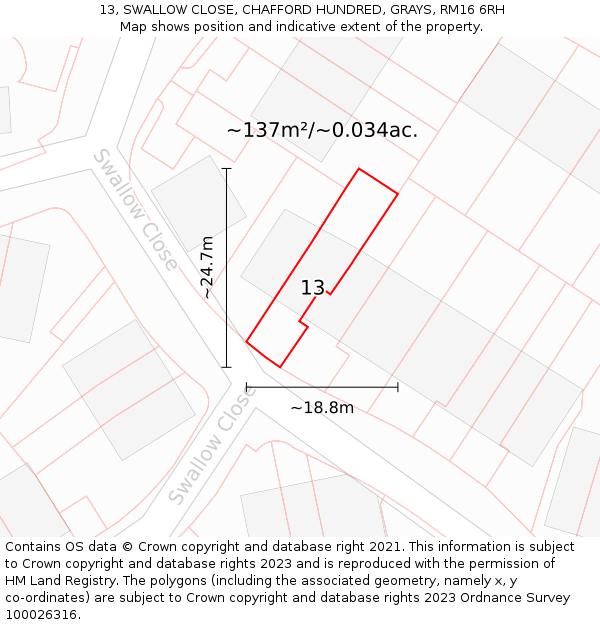 13, SWALLOW CLOSE, CHAFFORD HUNDRED, GRAYS, RM16 6RH: Plot and title map