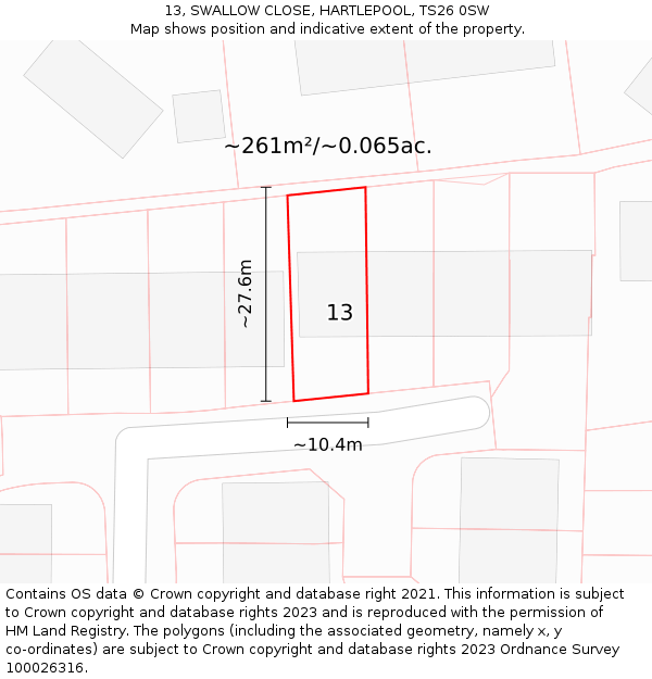 13, SWALLOW CLOSE, HARTLEPOOL, TS26 0SW: Plot and title map