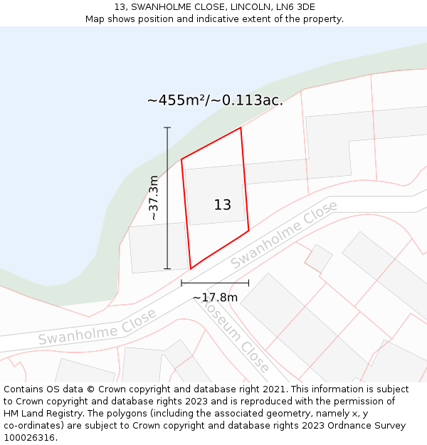13, SWANHOLME CLOSE, LINCOLN, LN6 3DE: Plot and title map
