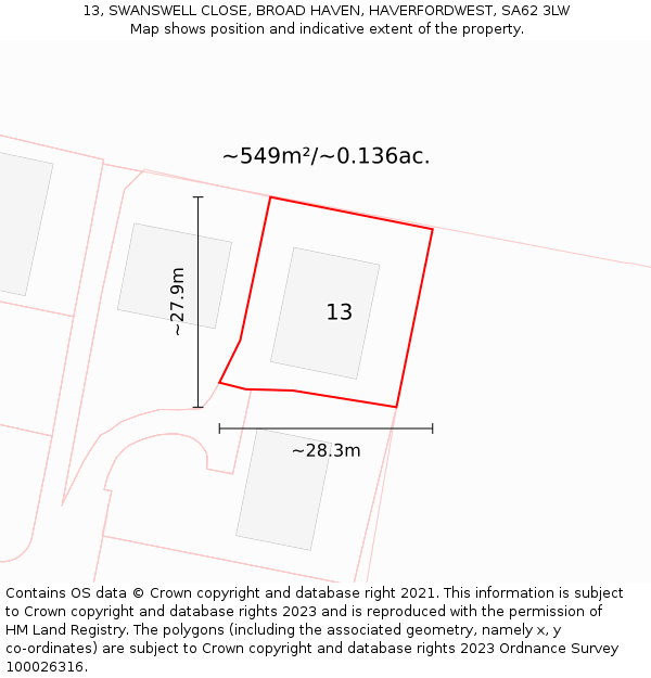 13, SWANSWELL CLOSE, BROAD HAVEN, HAVERFORDWEST, SA62 3LW: Plot and title map