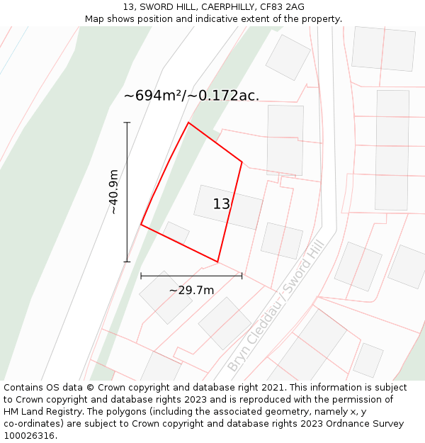 13, SWORD HILL, CAERPHILLY, CF83 2AG: Plot and title map