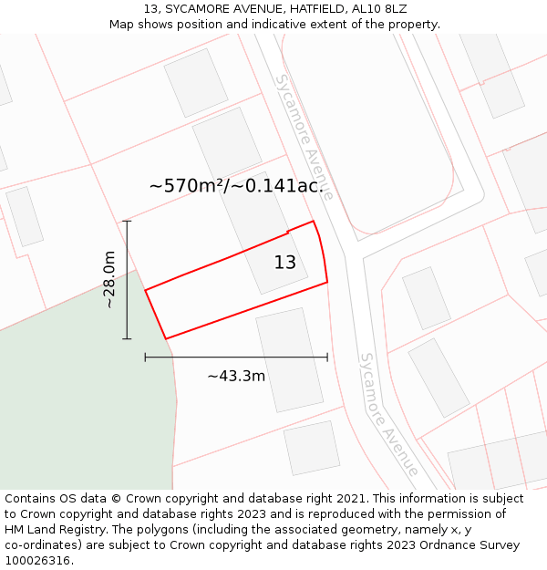 13, SYCAMORE AVENUE, HATFIELD, AL10 8LZ: Plot and title map