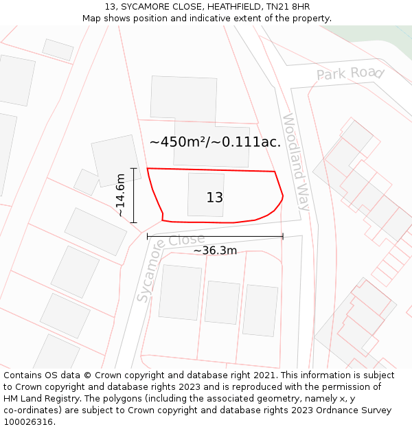 13, SYCAMORE CLOSE, HEATHFIELD, TN21 8HR: Plot and title map