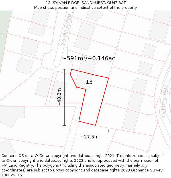 13, SYLVAN RIDGE, SANDHURST, GU47 8QT: Plot and title map