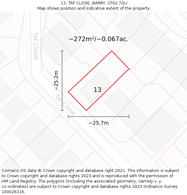 13, TAF CLOSE, BARRY, CF62 7QU: Plot and title map