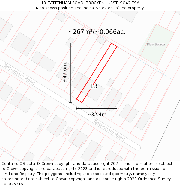 13, TATTENHAM ROAD, BROCKENHURST, SO42 7SA: Plot and title map