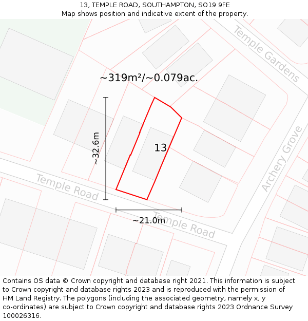 13, TEMPLE ROAD, SOUTHAMPTON, SO19 9FE: Plot and title map