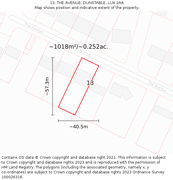 13, THE AVENUE, DUNSTABLE, LU6 2AA: Plot and title map