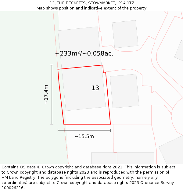 13, THE BECKETTS, STOWMARKET, IP14 1TZ: Plot and title map