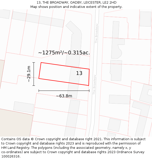 13, THE BROADWAY, OADBY, LEICESTER, LE2 2HD: Plot and title map