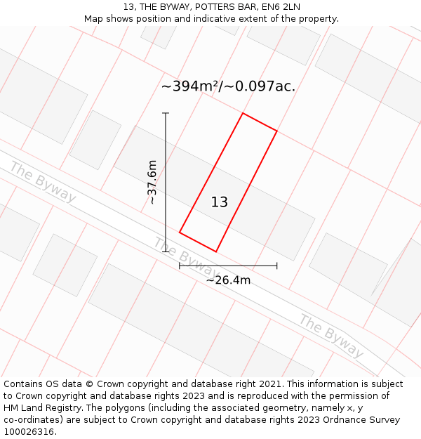 13, THE BYWAY, POTTERS BAR, EN6 2LN: Plot and title map