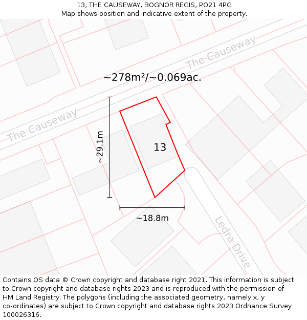 13, THE CAUSEWAY, BOGNOR REGIS, PO21 4PG: Plot and title map