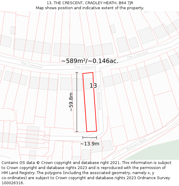 13, THE CRESCENT, CRADLEY HEATH, B64 7JR: Plot and title map